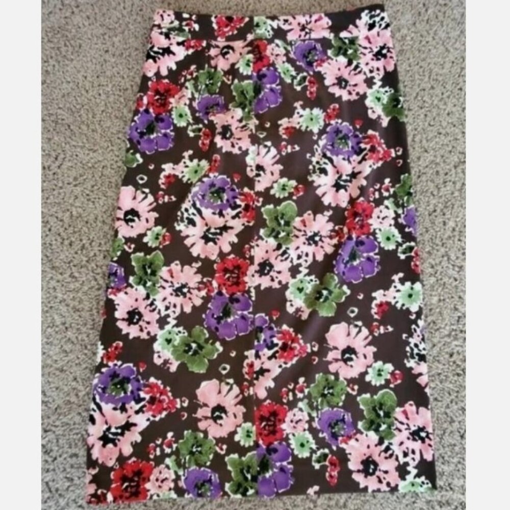 Colorful Floral Soft Faux Suede Sz 8 Casual or Dress Side Zip Midi Skirt